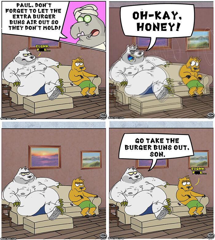 Animal comics depicting real-life struggles with humorous family interactions in a living room setting.