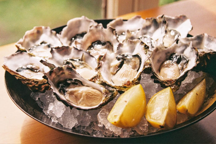 Plate of fresh oysters on ice with lemon wedges, illustrating unfiltered food opinions about texture and flavor.