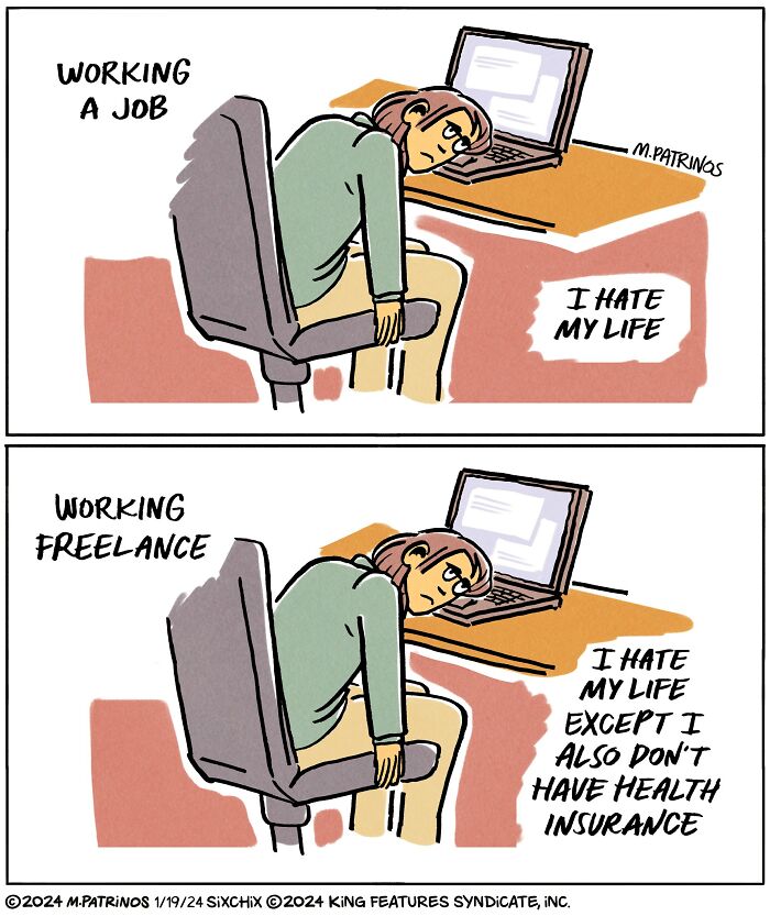 Comic illustrating relatable situations between working a job and freelancing, with humorous text on frustration.