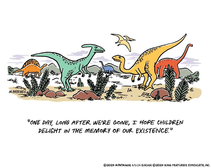 Dinosaurs with a witty quote about legacy, showcasing artist's relatable comic style.