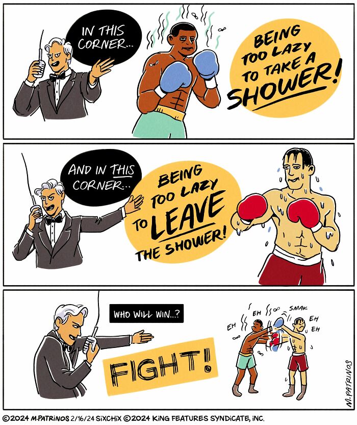 Comic depicting relatable situations with two boxers representing shower laziness, announcer calls for a fight.