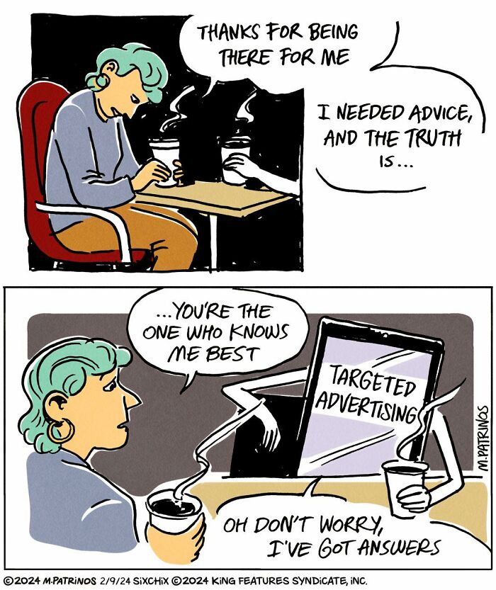 Comic illustration of a person talking to a screen labeled "Targeted Advertising," seeking advice.