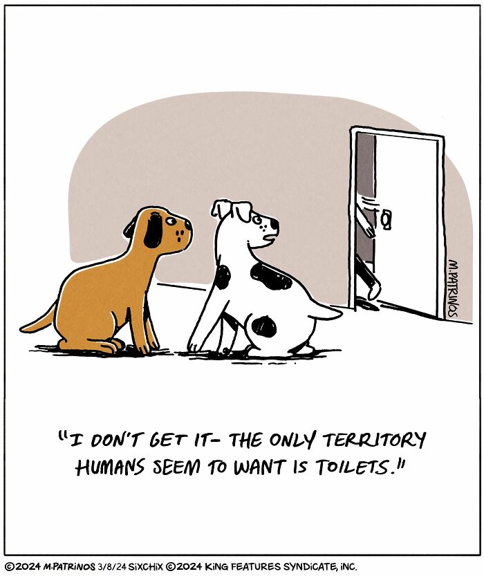 Two dogs commenting on human obsession with bathroom territory; humorous comic by an artist.