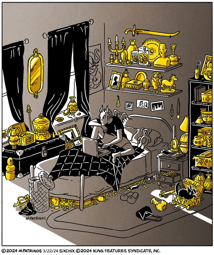 Comic depicting a person in a cluttered room filled with gold objects, sitting on a bed using a laptop.