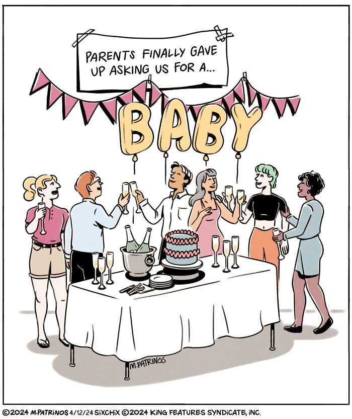 Group celebrating around a table with a "baby" banner above, a humorous comic situation.