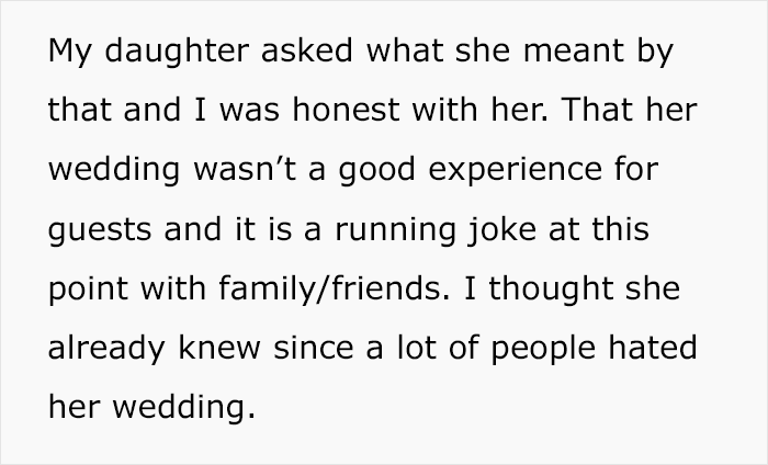 Text excerpt showing a woman upset to learn what people really thought of her 20k wedding a year later.