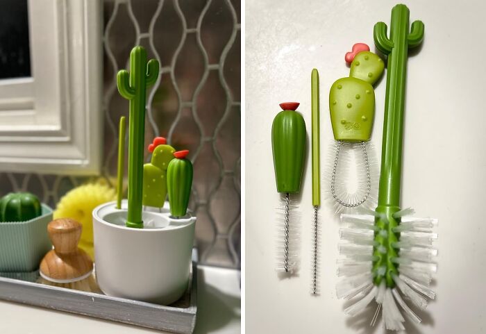 Cactus-themed cleaning brushes in a white holder on a kitchen counter.