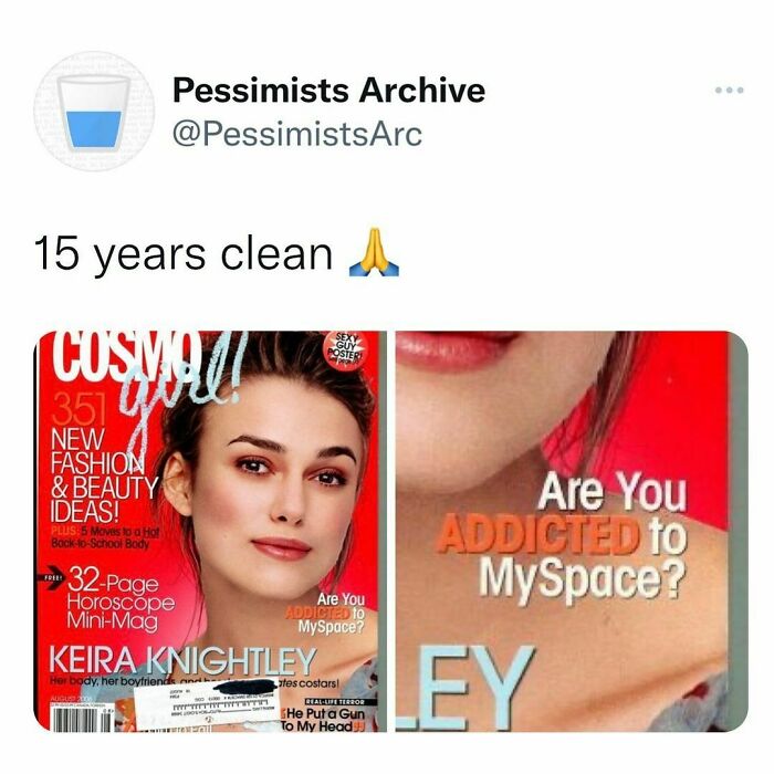 Vintage newspaper clipping questioning MySpace a*******n featured on a retro magazine cover with Keira Knightley.
