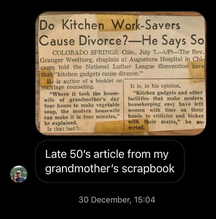 Vintage newspaper clipping discussing fear of kitchen work-savers causing divorce in the 1950s, reflecting old social concerns.