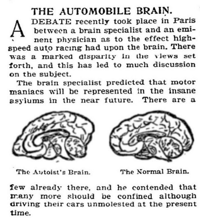 Vintage newspaper clipping discussing fears about automobiles affecting the brain with illustrations of brains.