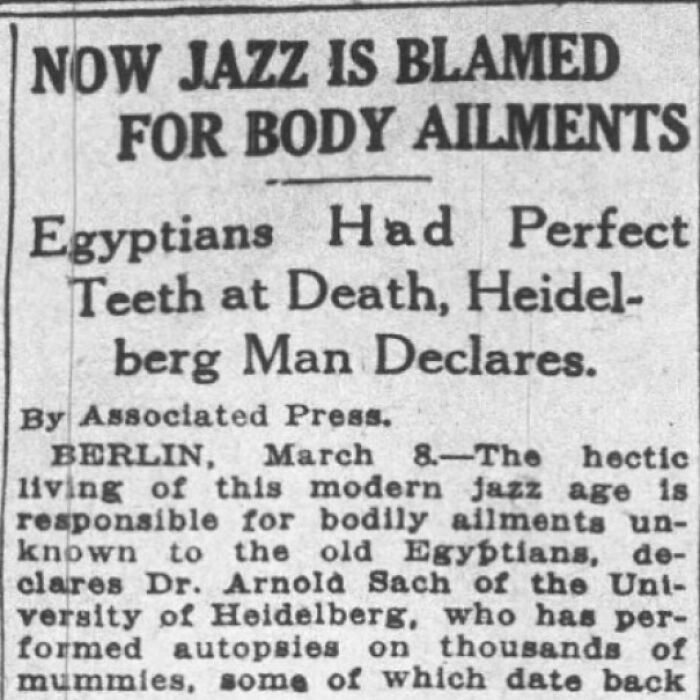 Vintage newspaper clipping blaming jazz for new body ailments reveals fear of old things when they were new.