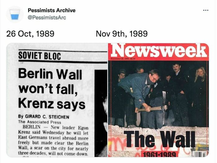 Vintage newspaper clippings showing skepticism and later fall of the Berlin Wall in 1989, highlighting fear of old things.