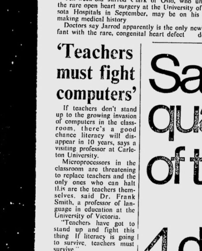 Vintage newspaper clipping warning about the fear of new technology and computers in education from the past.