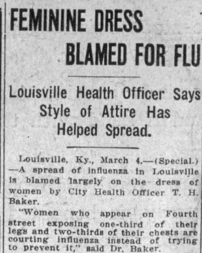 Vintage newspaper clipping about feminine dress blamed for spreading flu during influenza outbreak.