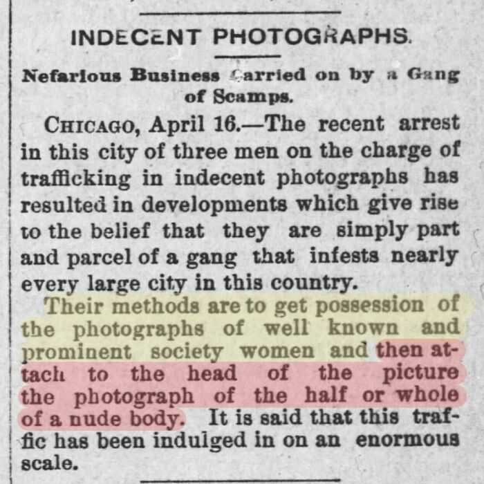 Vintage newspaper clipping discussing indecent photographs and nefarious business involving prominent society women during early trafficking cases.