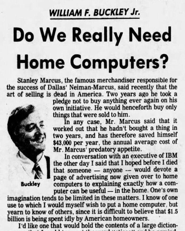 Vintage newspaper clipping questioning the need for home computers, reflecting early fear of old things when they were new.