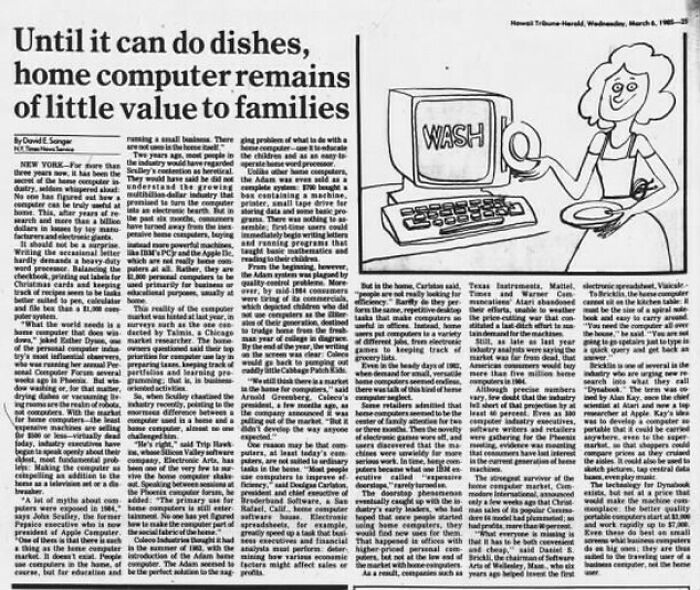 Vintage newspaper clipping discussing fear of home computers' value to families in early technology era.