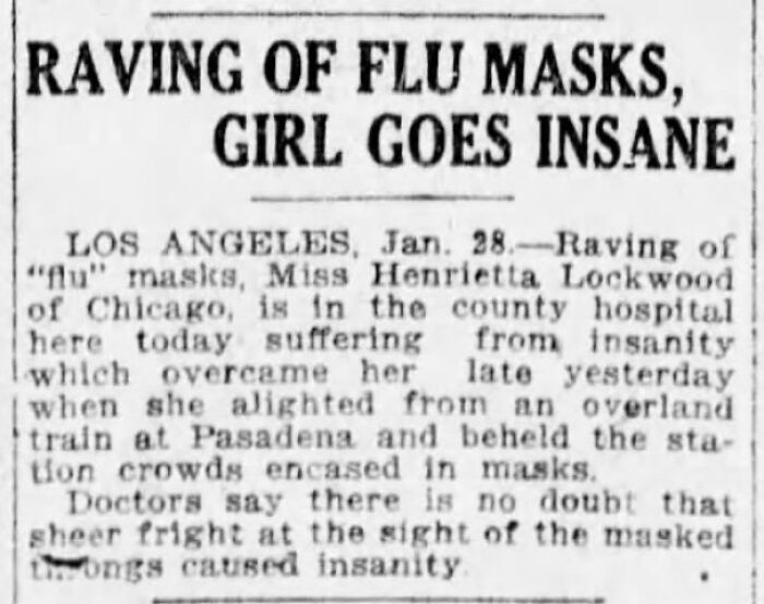 Vintage newspaper clipping about fear and insanity linked to flu masks during early pandemic times.