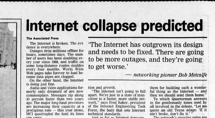 Vintage newspaper clipping predicting internet collapse, highlighting early fears of old things when they were new technology challenges.