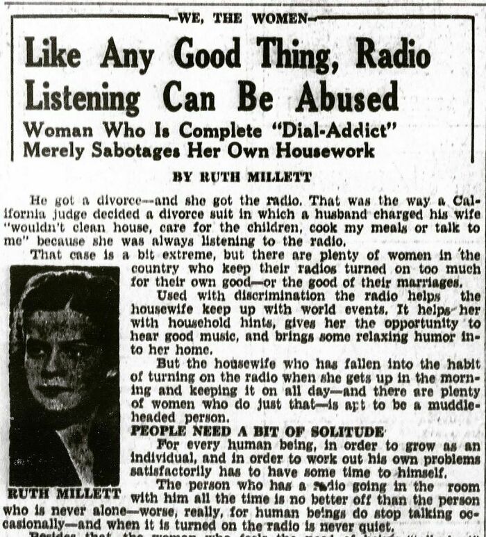 Vintage newspaper clipping discussing the fear of new technology and vintage radio listening habits.