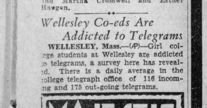 Vintage newspaper clipping showing a headline about Wellesley college students a******d to telegrams.
