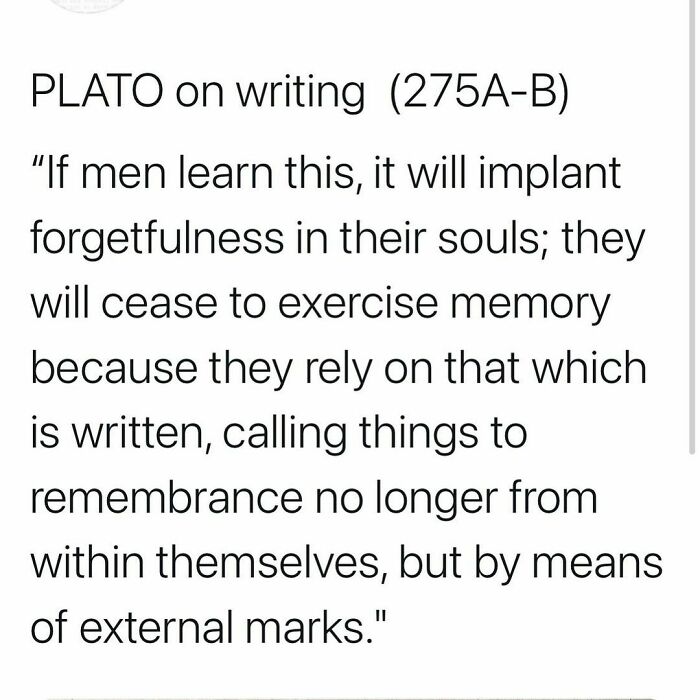 Plato quote on writing and memory illustrating vintage perspectives from old newspaper clippings about fear of old things when new.