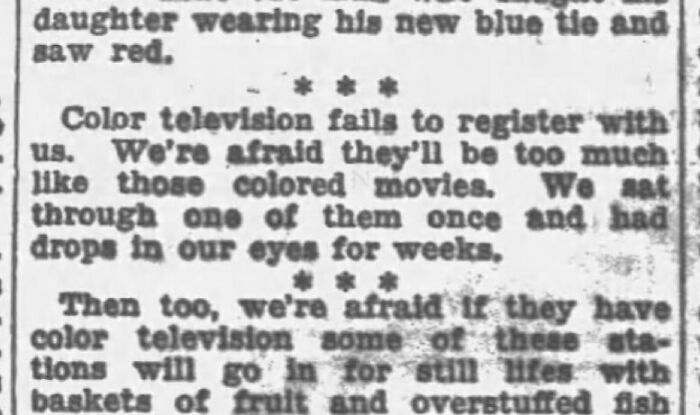 Vintage newspaper clipping discussing the fear of color television and old things when they were new.