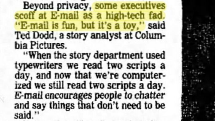 Vintage newspaper clipping discussing some executives scoffing at email as a high-tech fad and a toy in vintage technology.