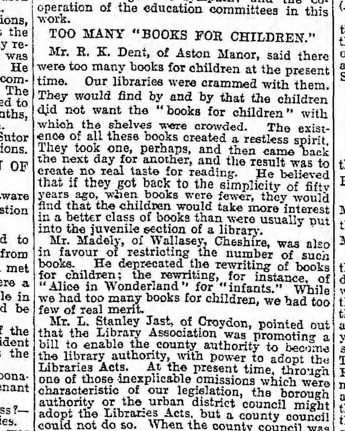 Vintage newspaper clipping discussing fear of too many children’s books and library reading habits.
