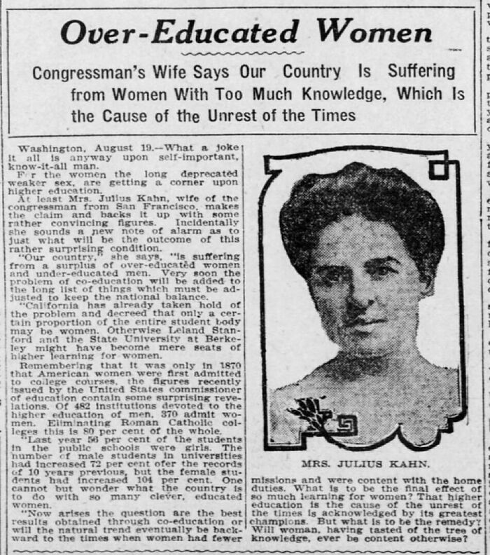 Vintage newspaper clipping on fear of over-educated women causing social unrest in historical context.