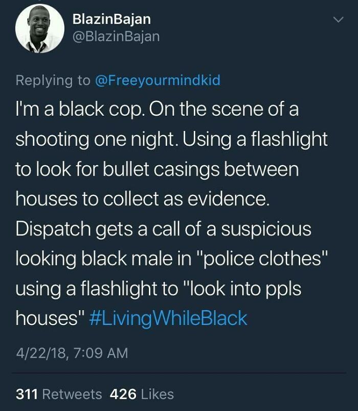 Tweet describing a black cop mistaken for suspicious person while collecting evidence using a flashlight, showcasing cluelessness.