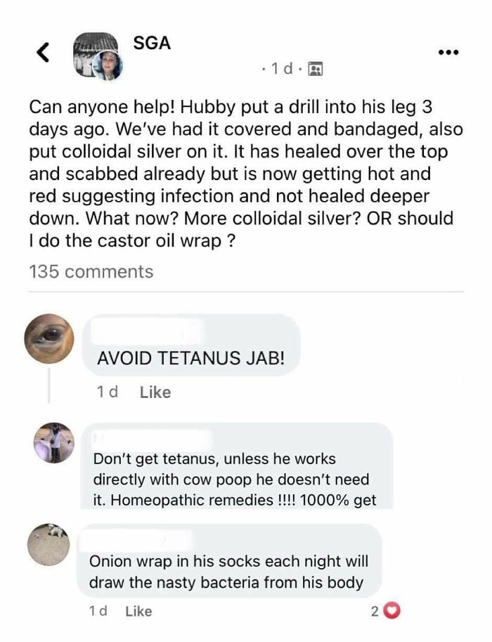 Social media post showing clueless people giving dangerous medical advice after a man drilled into his leg, surprising others with stupidity.