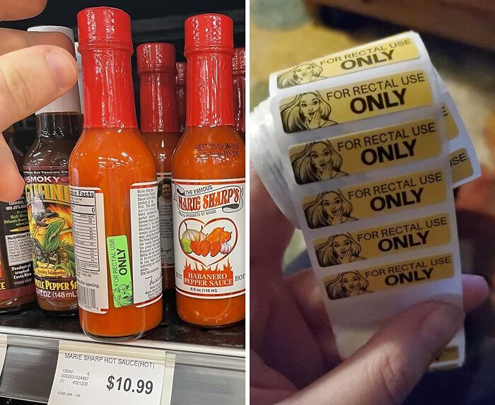 Hand holding hot sauce bottles and a roll of quirky labels for rectal use only, unique Amazon finds concept.