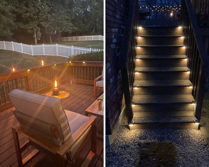 Cozy deck with chairs and candlelight; steps illuminated with tiny lights, perfect for our shopping list this year.