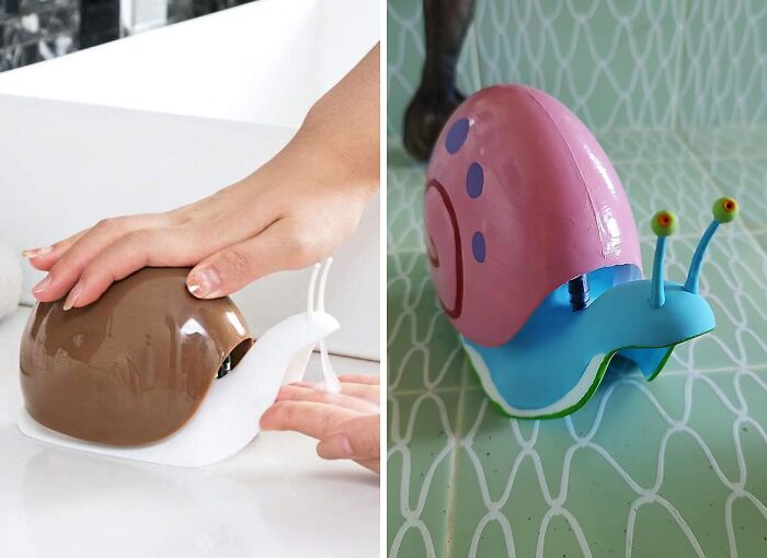 Snail-shaped kitchen items that actually work, including a brown tape dispenser and a pink measuring tape holder.