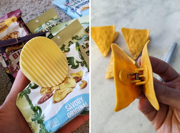 Unusual kitchen item that seals snack bags effectively, shaped like a potato chip.
