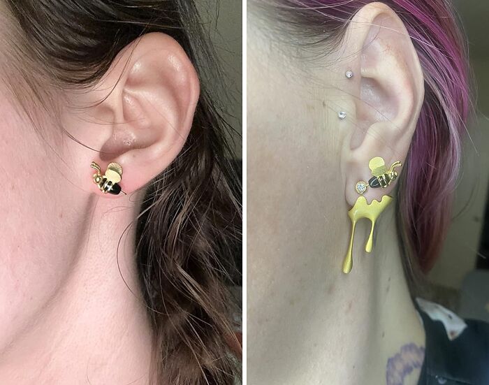 Elevate Your Style With Bee And Dripping Honey Asymmetric Stud Earrings: Embrace Unique Elegance And Nature's Beauty