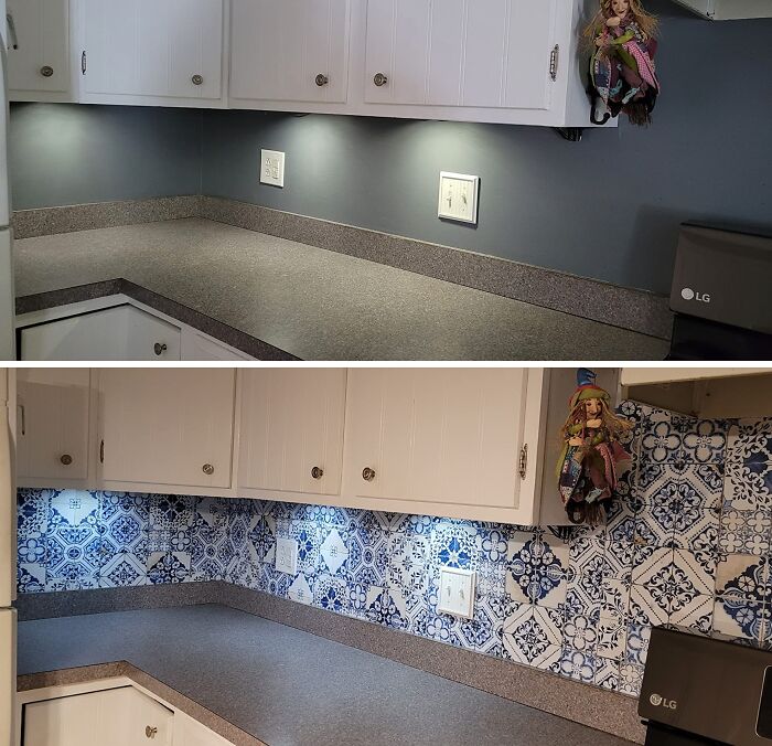 Kitchen countertop makeover with new blue and white patterned tiles, transforming a plain space into a stylish area.