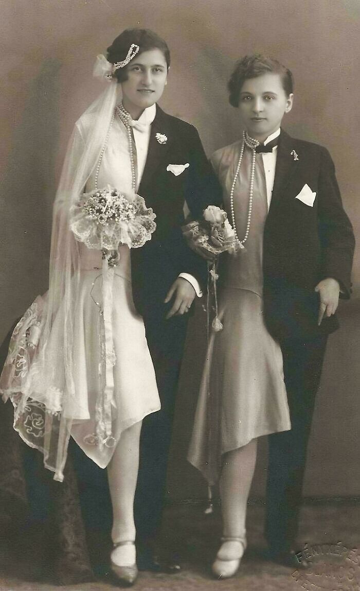 A Lesbian Couple In Semi-Drag Wedding Attire. Kingdom Of Hungary, Budapest, 1920
