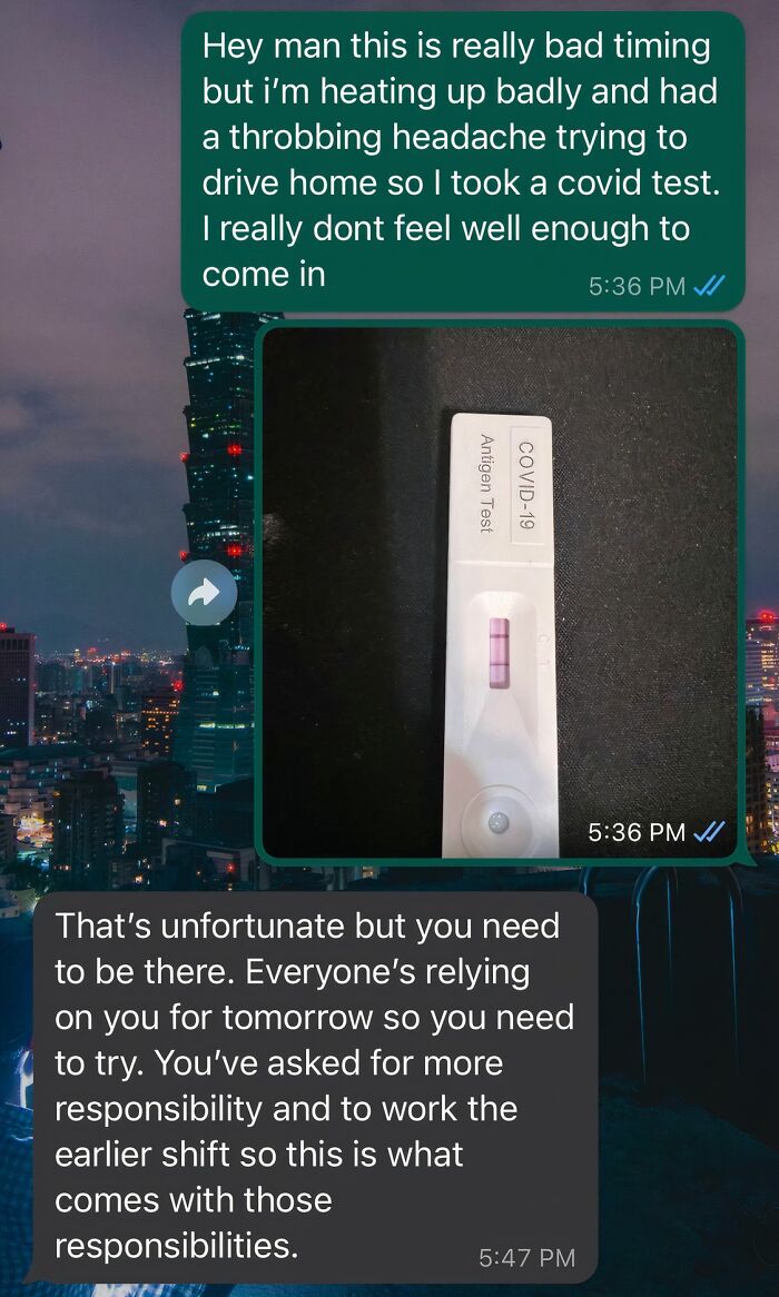 Having A Fever And Feeling Unfit To Make It In. “Boss” Responded With This. What Do I Even Say In This Case?