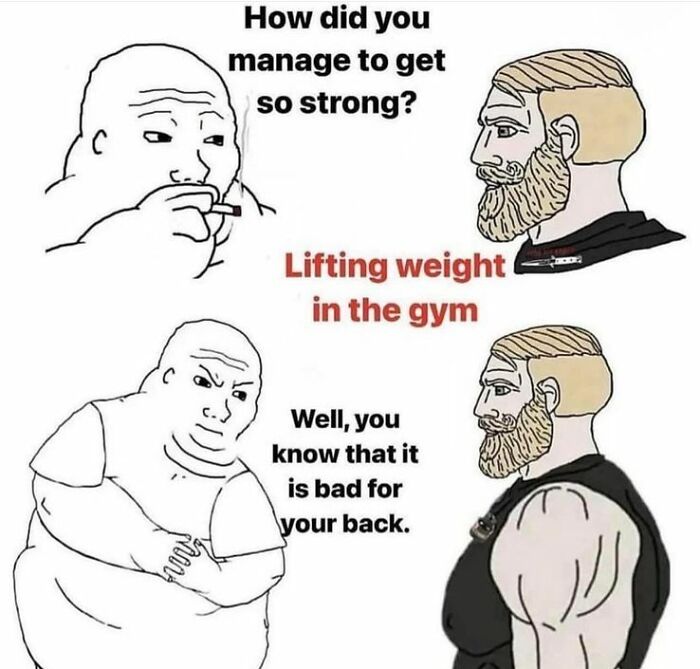Two illustrated characters discussing strength, with text about lifting weights in the gym.