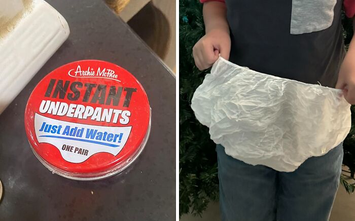 Instant underpants in a red tin and a child holding the rehydrated paper-like wearable, one of the quirky Amazon finds.