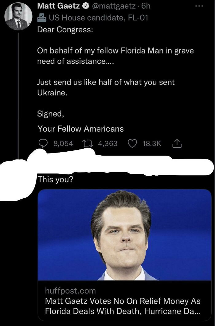 Votes Against Bill That Would Send Fl Relief Funds, Then Goes On Twitter To Demand Relief Funds Be Sent To Fl