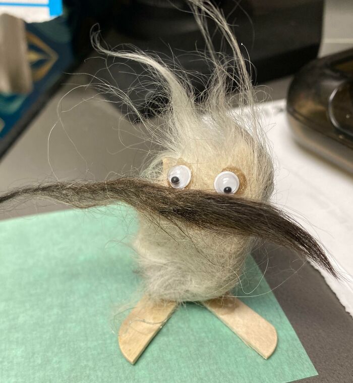 Googly eyes on a hairball creation at veterinarian's office, showcasing a funny and wholesome moment.