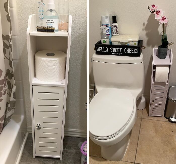 Finally, A Bathroom Storage Cabinet That Fits Your Tiny Space And All Those Rolls!
