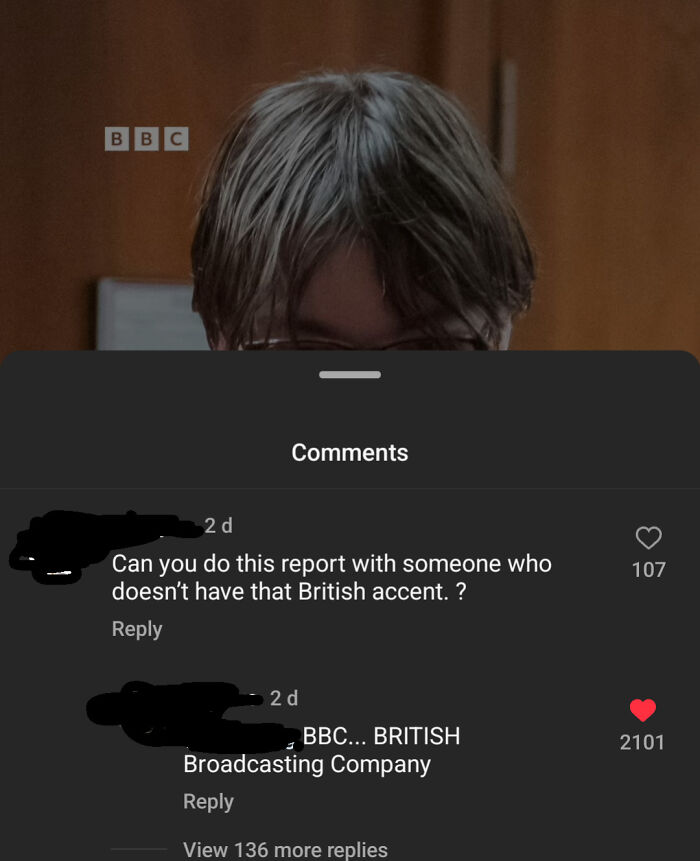 Comment thread showing clueless people surprising others with their stupidity about the BBC and British accents.