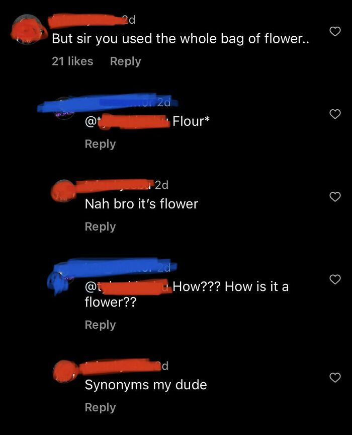 Chat conversation showing clueless people confusing the words flower and flour, surprising others with their stupidity.