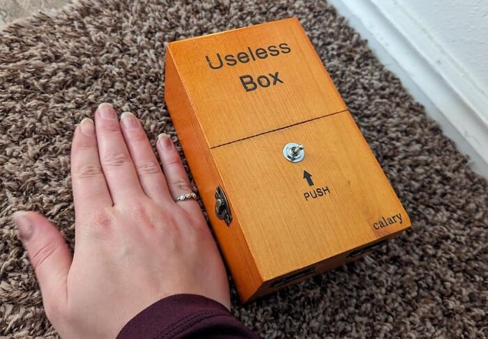 Hand next to a wooden useless box with a toggle switch, one of the quirky Amazon finds between genius and why does this exist.