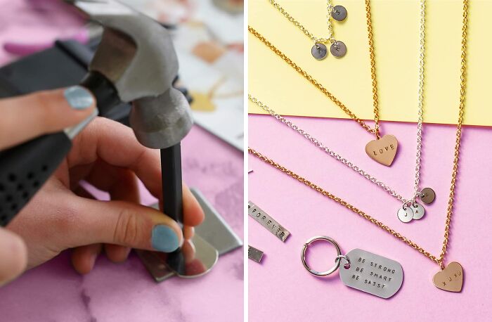Hand stamping personalized jewelry with various metal charms, showcasing creative treasures for artistic souls.