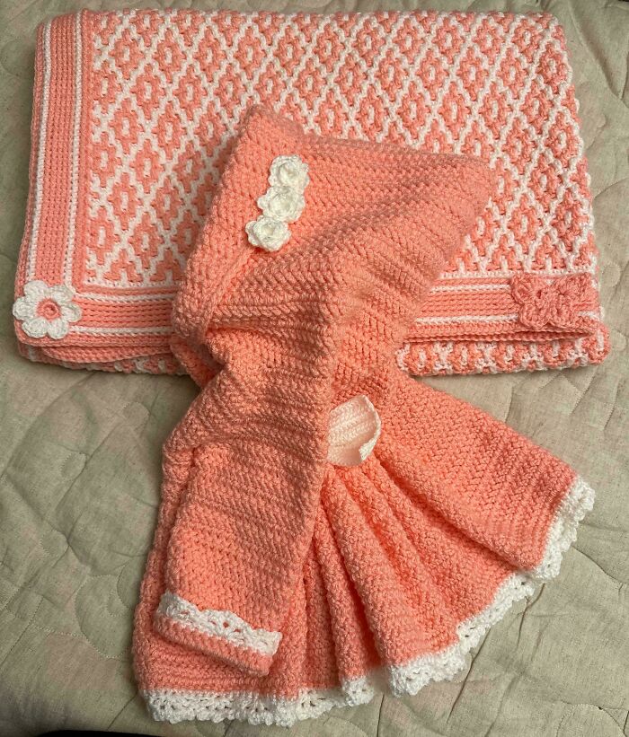 After Finishing The Blanket, I Ended Up With More Yarn That I Didn’t Use So I Ended Up Making A Baby Sweater With The Extra Yarn I Had Left Over